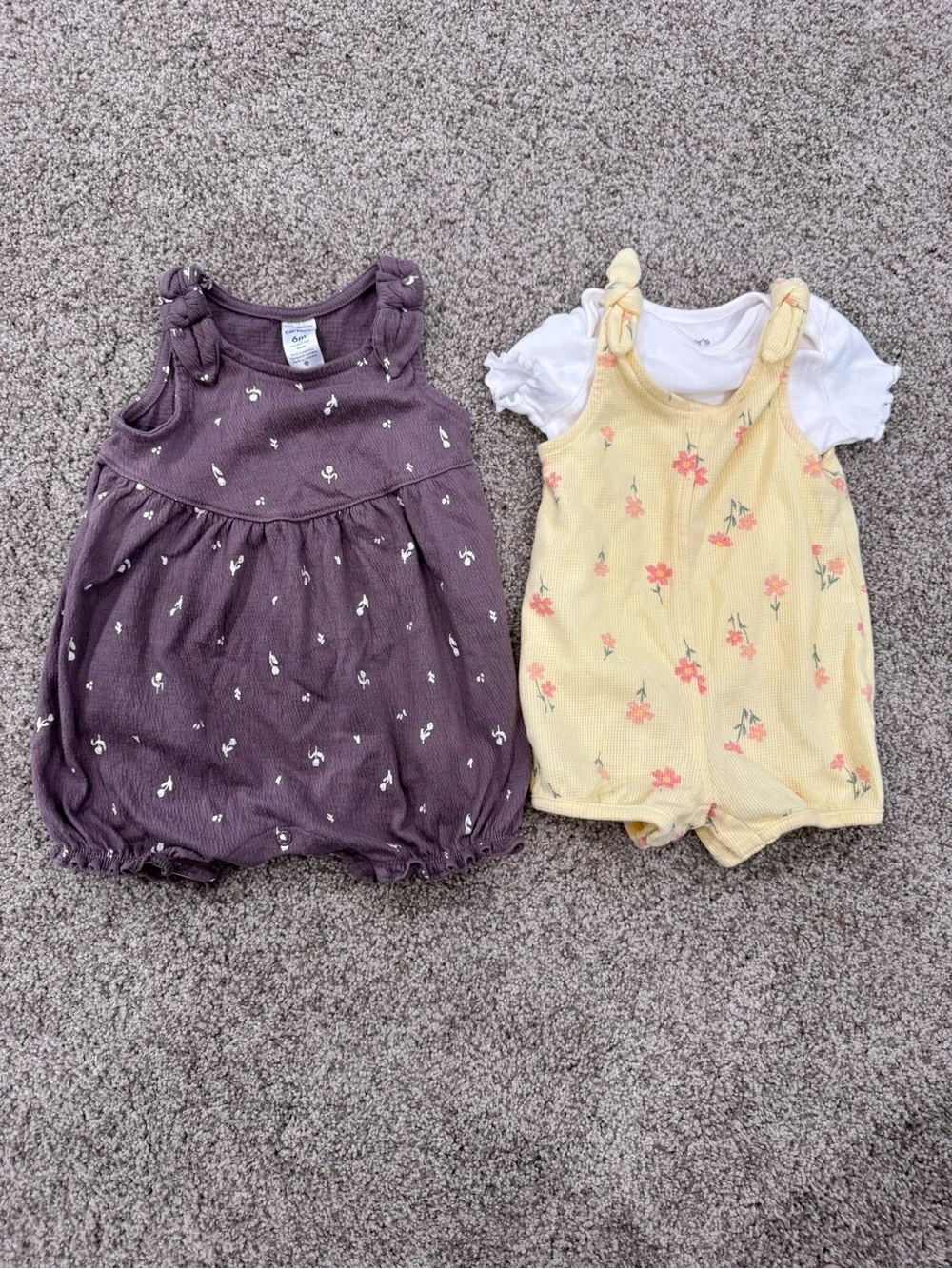 Purple Floral Bubble Romper & Yellow Floral Tie-Shoulder Romper Set